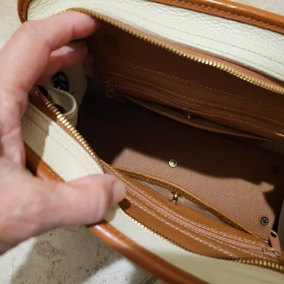 Dooney & Bourke AWL Satchel Ivory and Tan / Brown Gold Trim with Matching Wallet - Picture 8 of 14